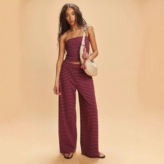 Striped strapless top and trousers two-piece set