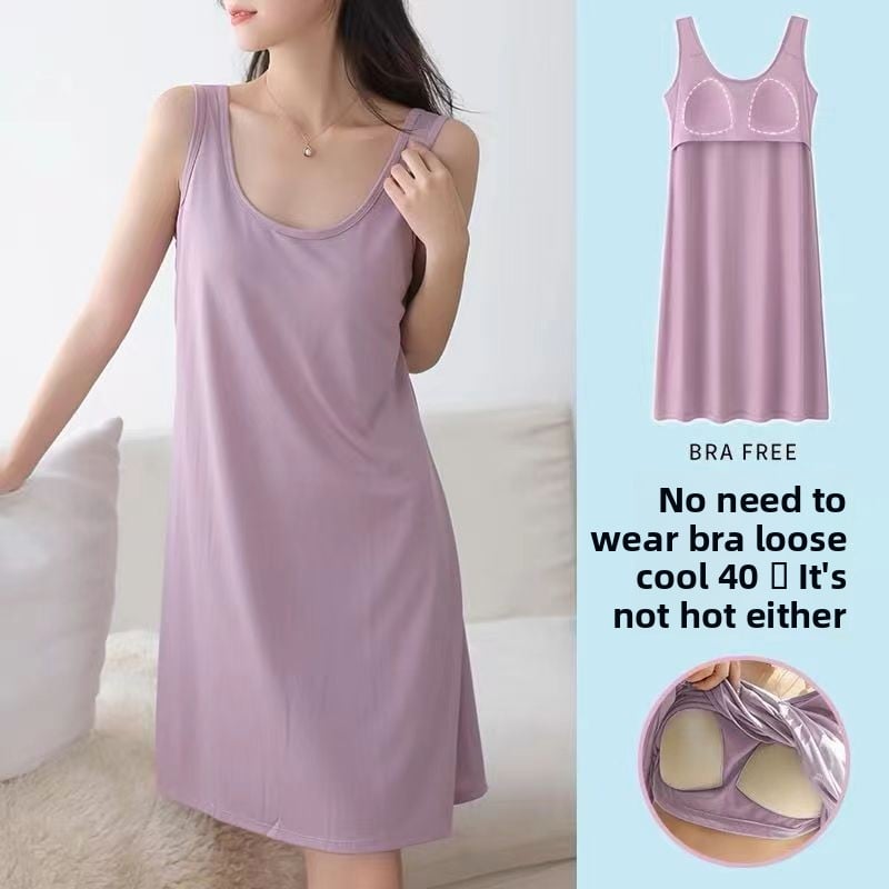 Summer New Style Ice Silk Suspender Pajamas with Breast Pads, Feminine Camisole, Cool Pure Color Nightgown That Can Be Worn Outside