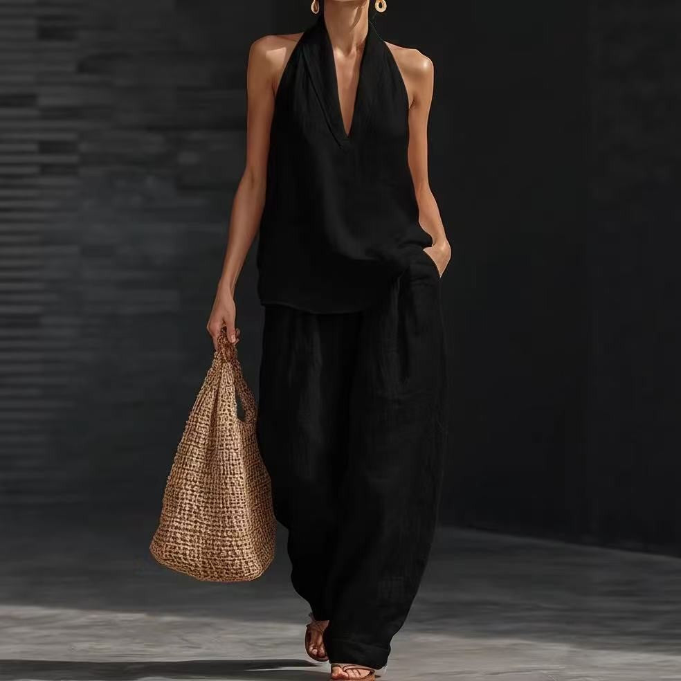 Womens Halter Neck Sleeveless Casual Two-Piece Set