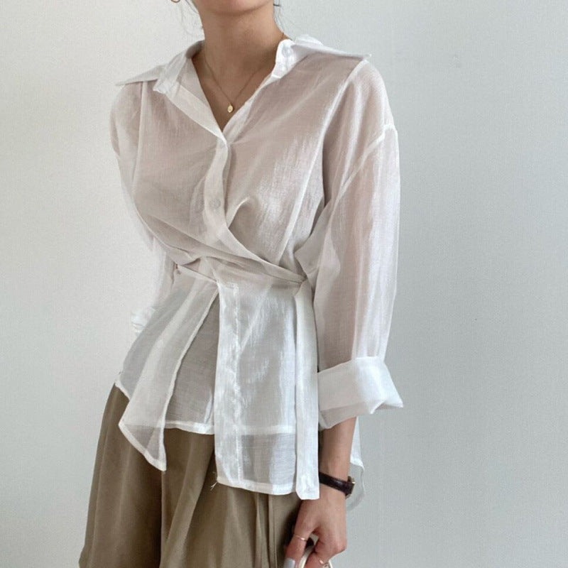 Irregularly buttoned lapel long-sleeved shirt