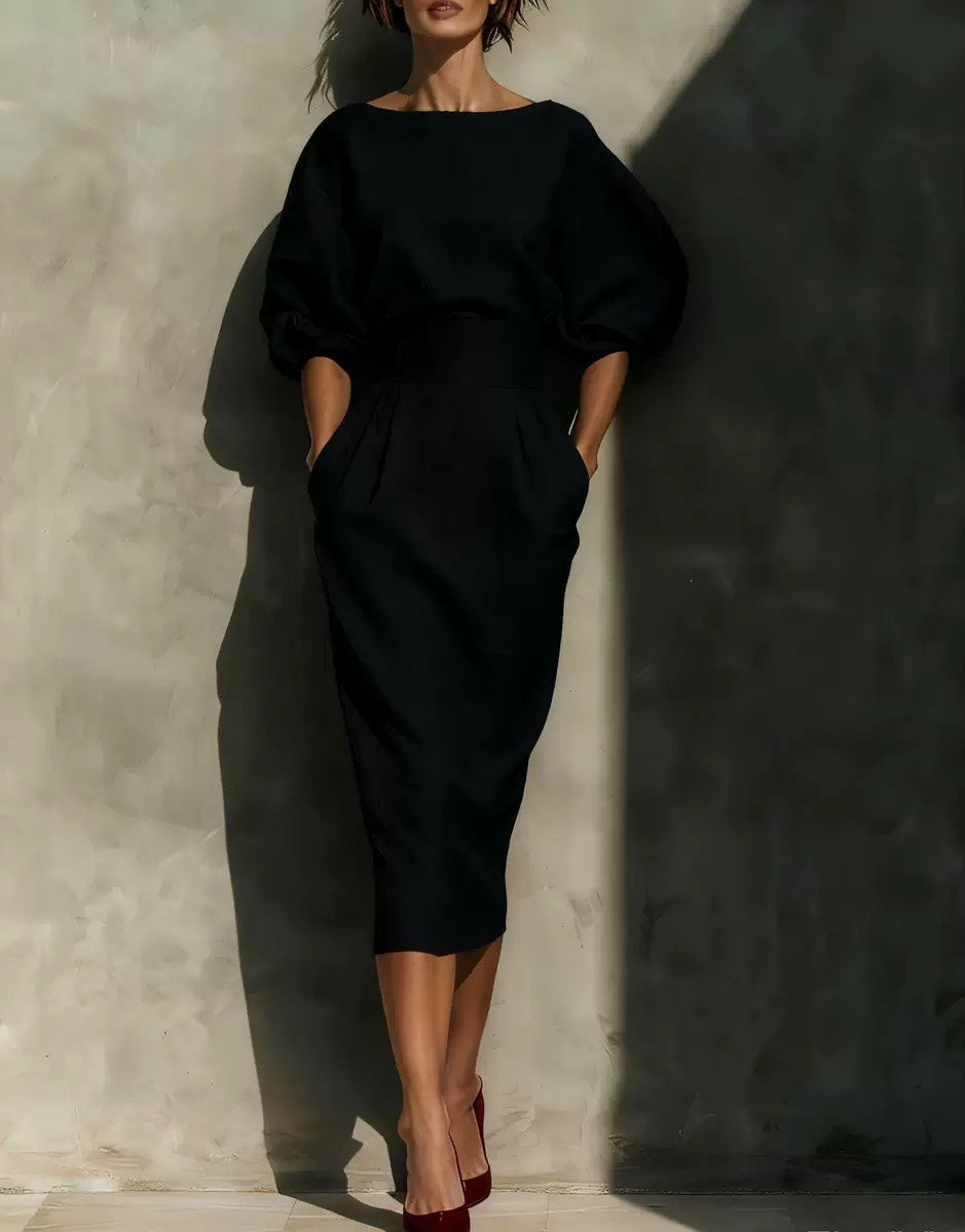 Women's Elegant Boat Neck Puff Sleeve Dress