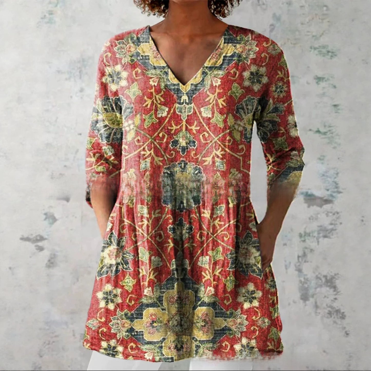 Women's Loose Digital Print V-Neck 3/4 Sleeve Tunic Top