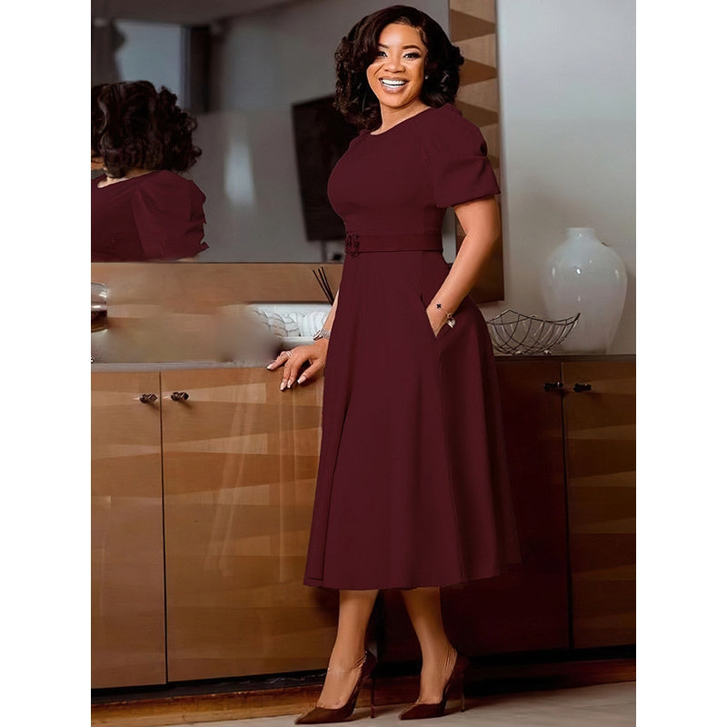 Puff Sleeve A-Line Dress with Matching Belt