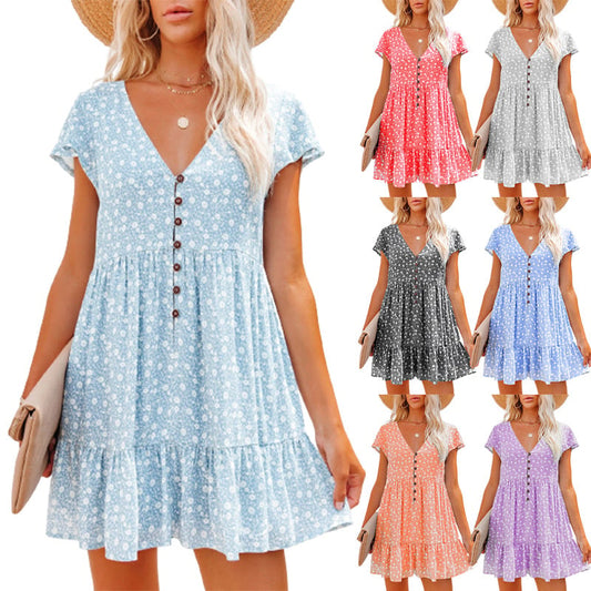 V-neck button small floral short-sleeved dress