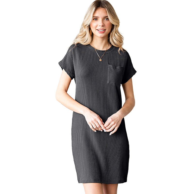 Striped Knee-length Knitted Dress with Pocket for Women