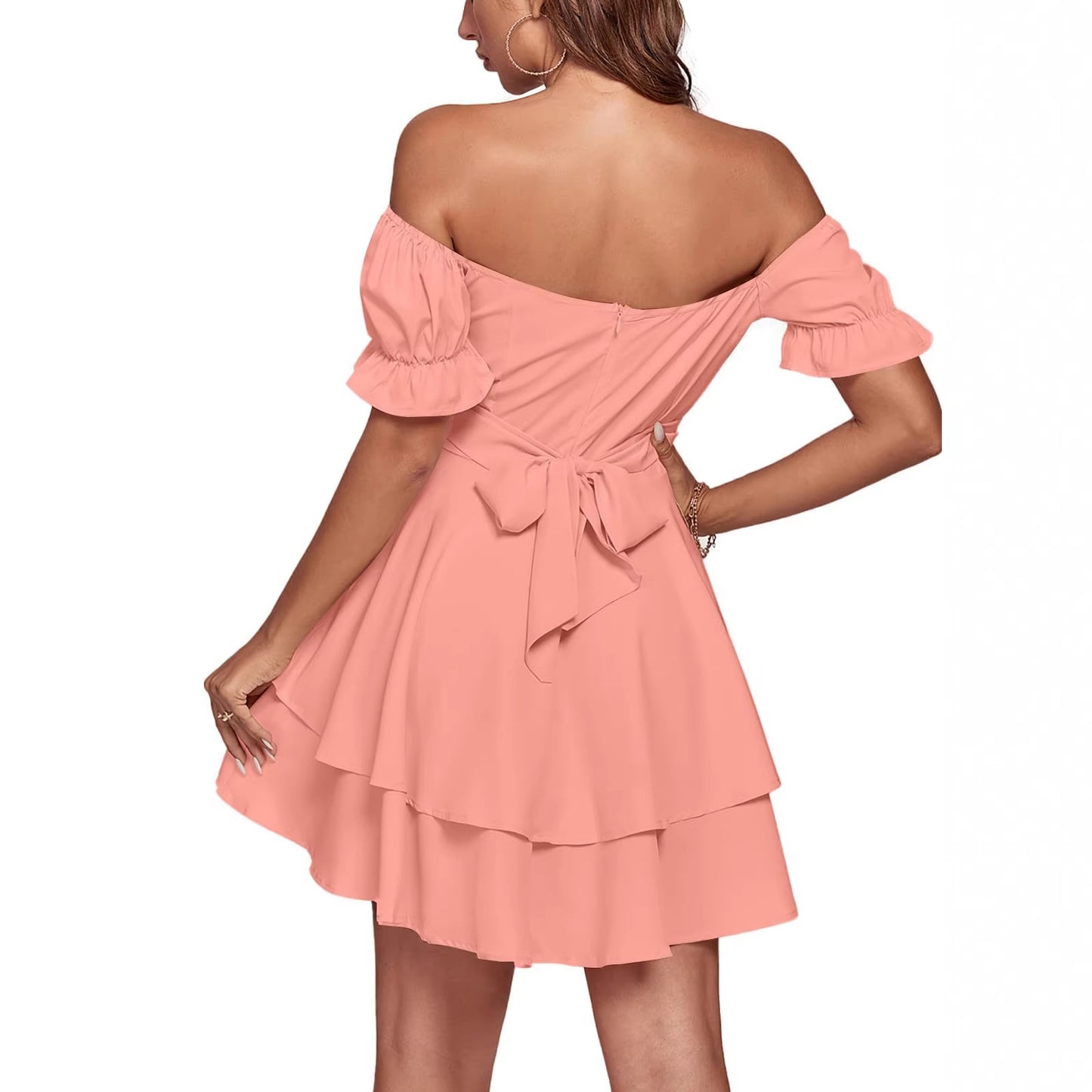 Off-Shoulder Lace-Up Ruffle Formal Gown