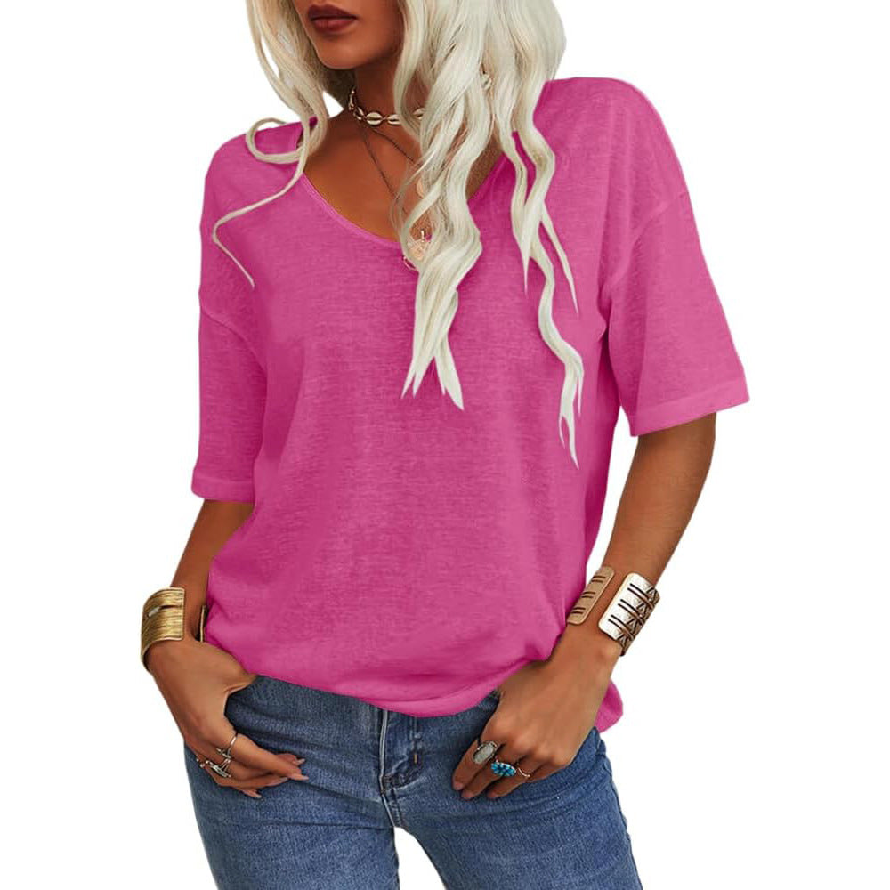 Women's T-shirt, V-neck, half-sleeved, loose shirt
