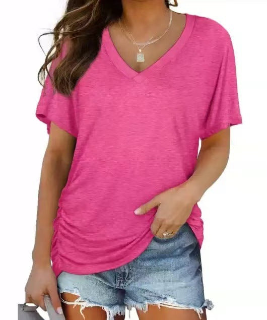 Solid-color batwing V-neck short-sleeved shirt