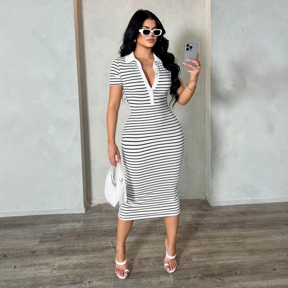 Polo Collar Striped Bodycon Midi Dress