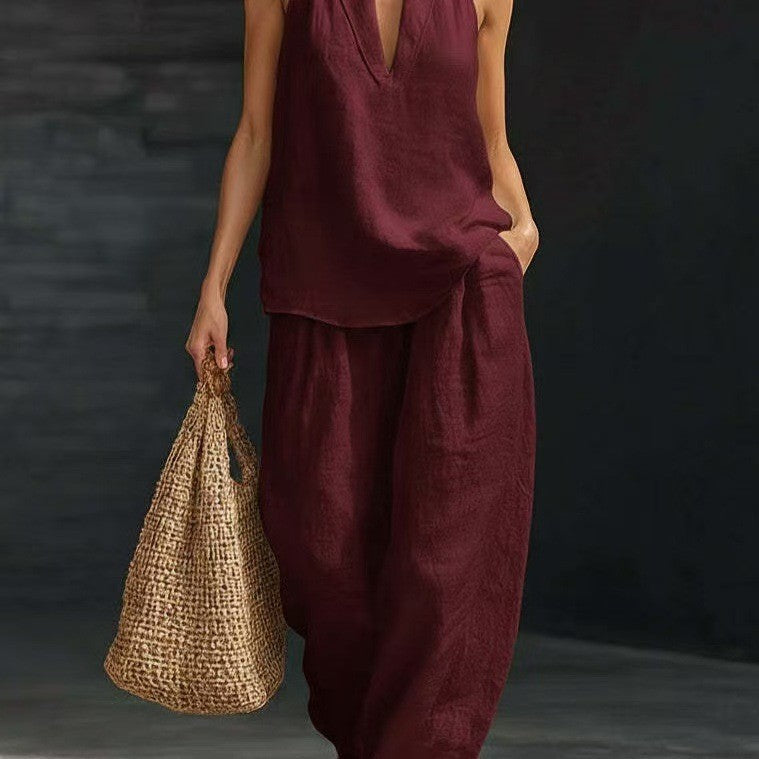 Womens Halter Neck Sleeveless Casual Two-Piece Set