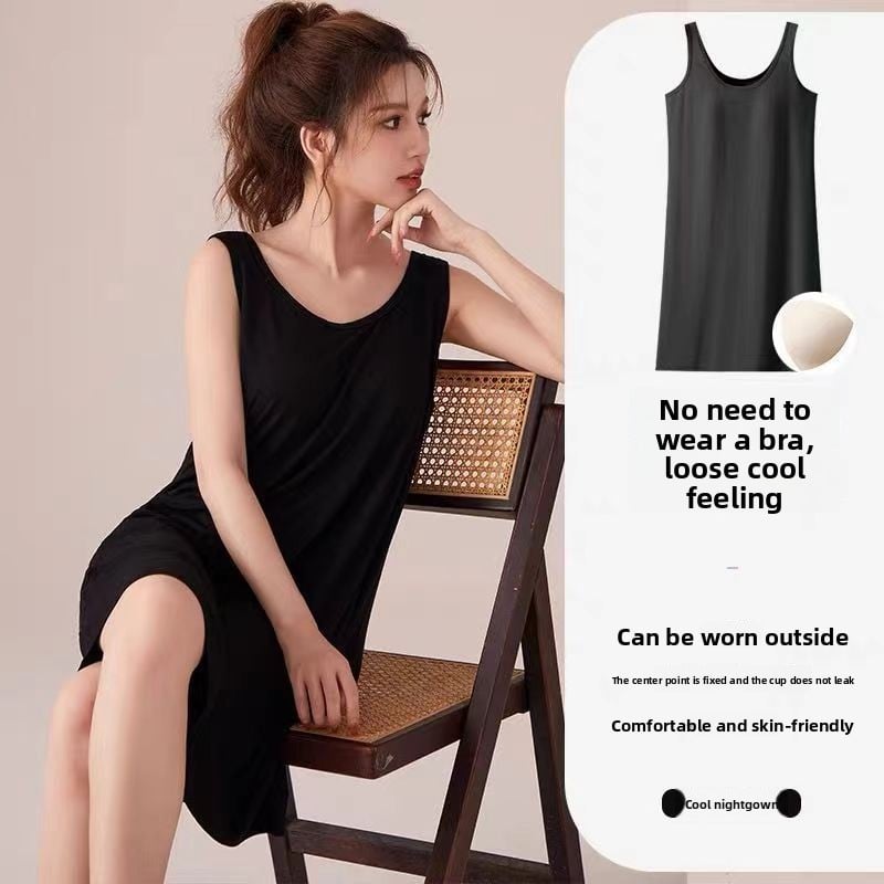 Summer New Style Ice Silk Suspender Pajamas with Breast Pads, Feminine Camisole, Cool Pure Color Nightgown That Can Be Worn Outside