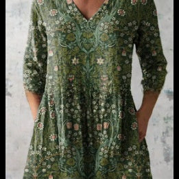 Women's Loose Digital Print V-Neck 3/4 Sleeve Tunic Top