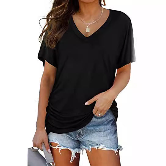Solid-color batwing V-neck short-sleeved shirt