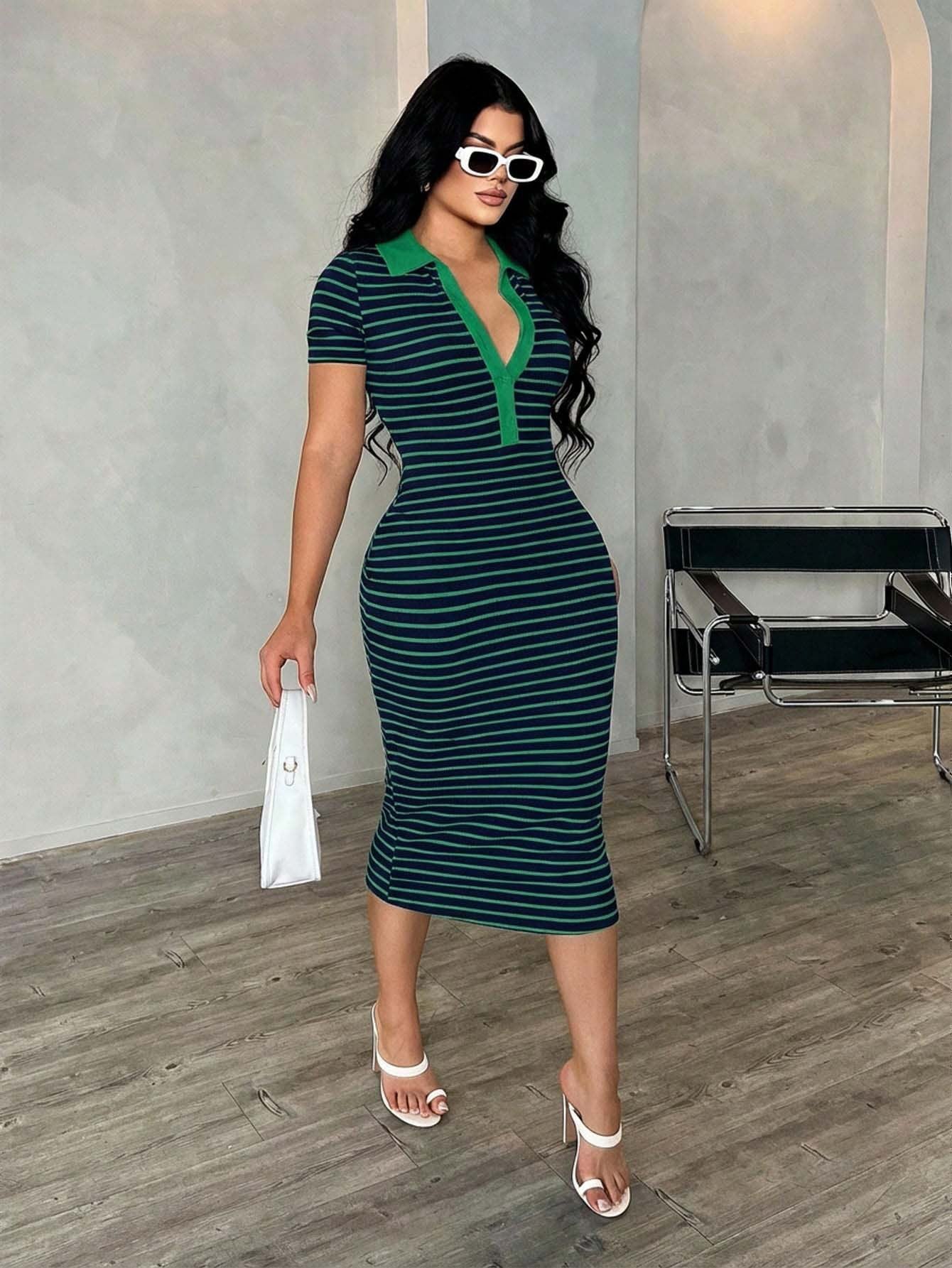 Polo Collar Striped Bodycon Midi Dress