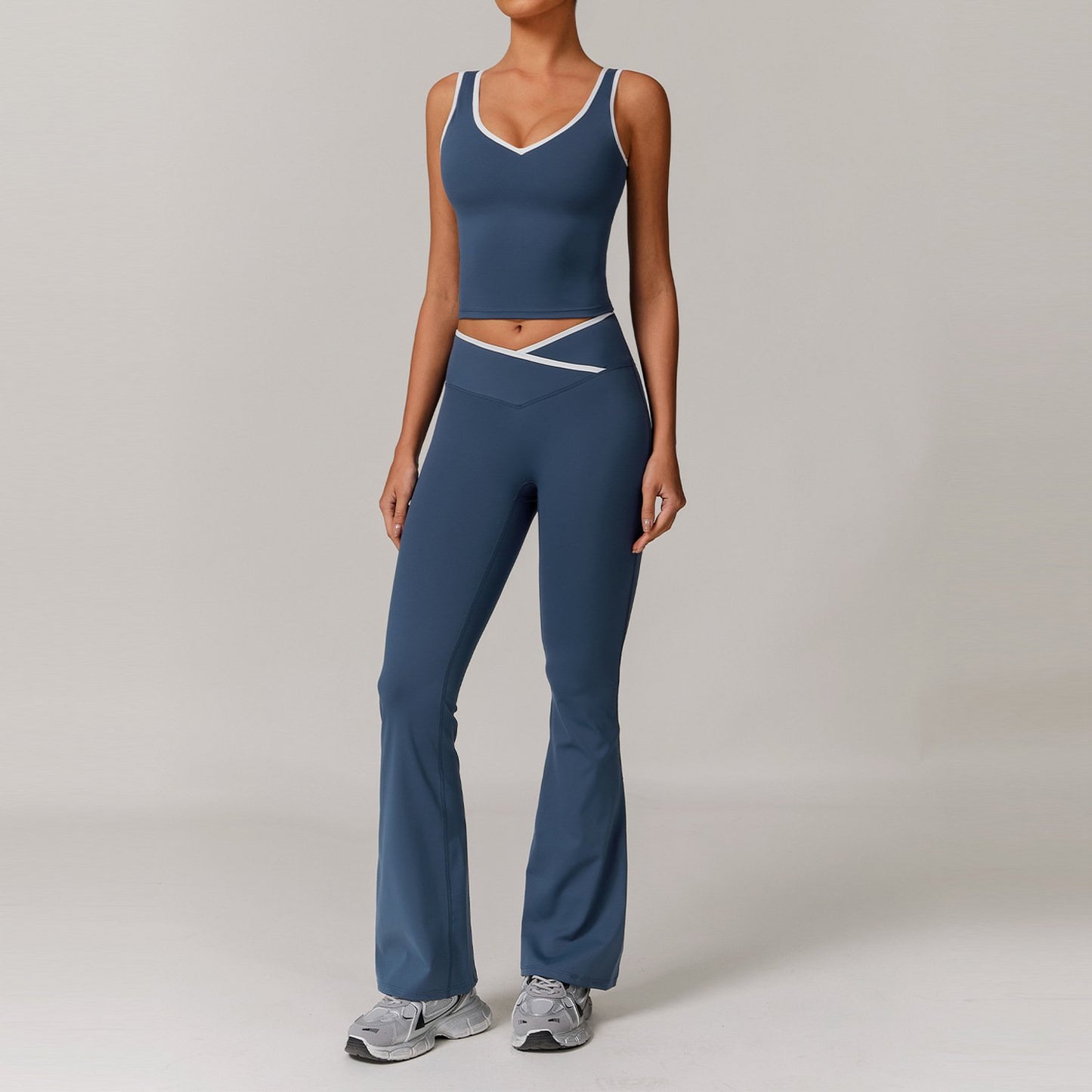 Contrast Color Sexy Tight Fitness Clothes suit V-Neck Sports Vest Quick-drying High Waist Cross Hip Lifting Yoga Flared Pants
