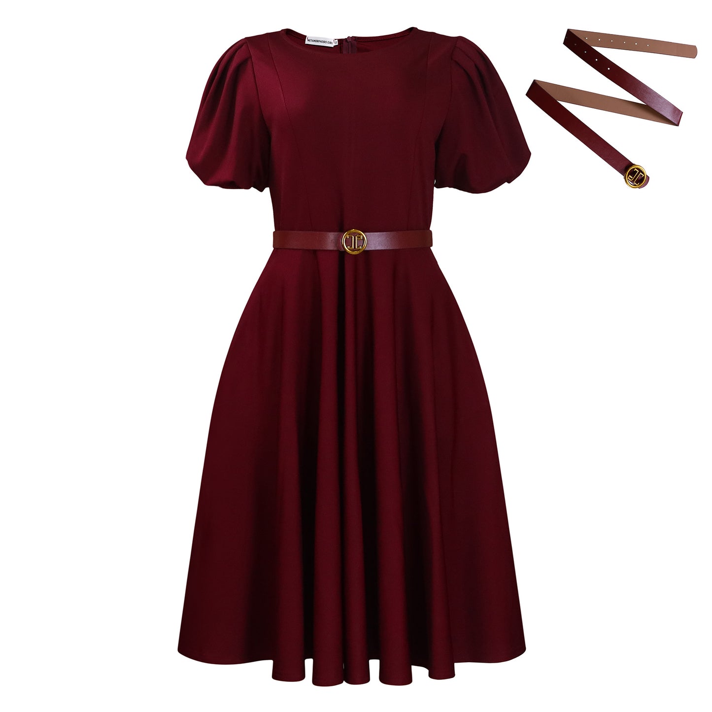 Puff Sleeve A-Line Dress with Matching Belt
