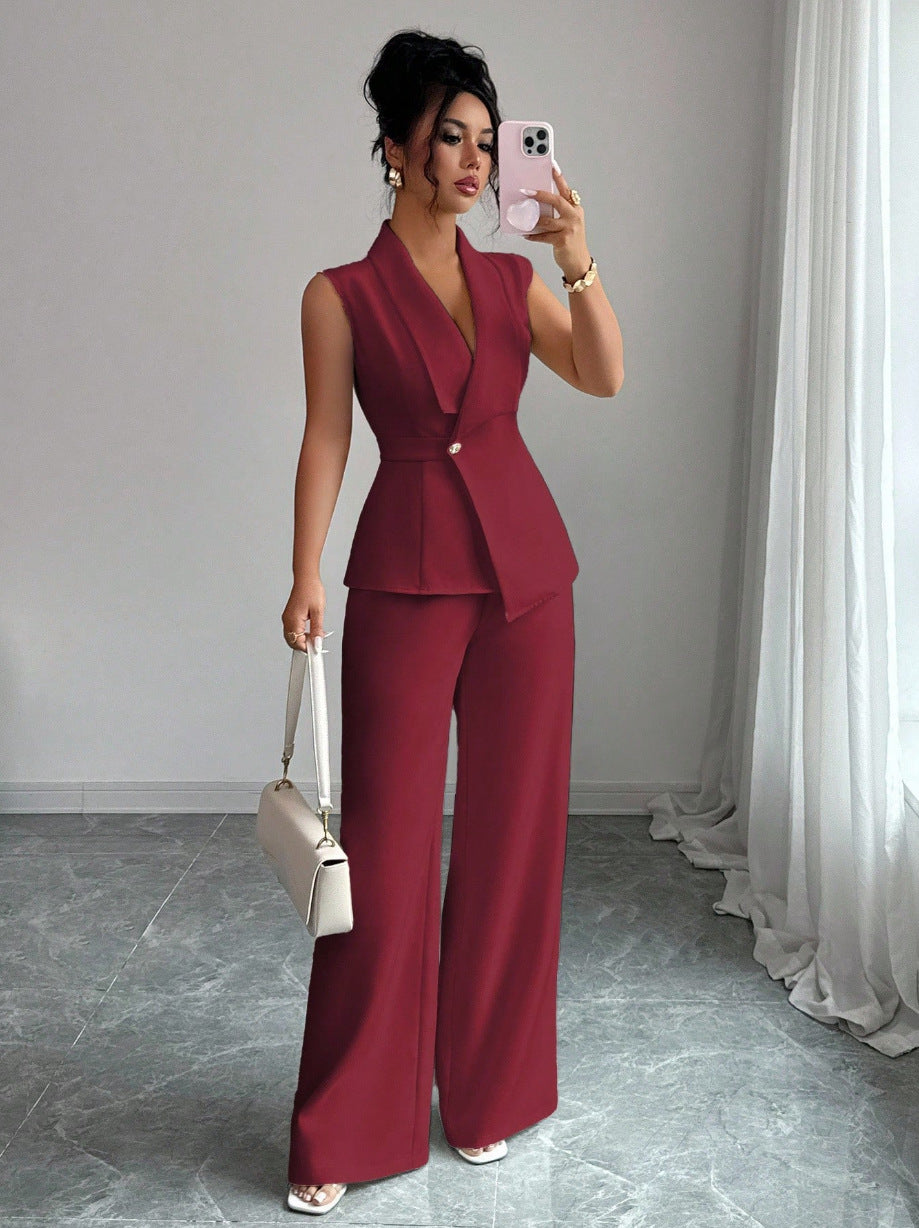 Women Sleeveless Suit and Straight Pants Two Piece Set