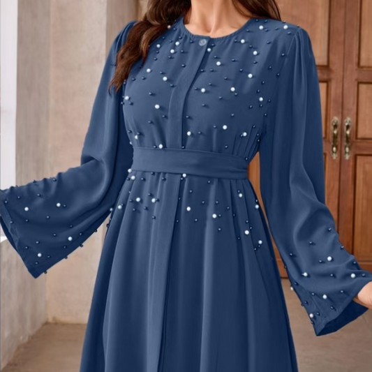 Long-sleeved pearl long dress