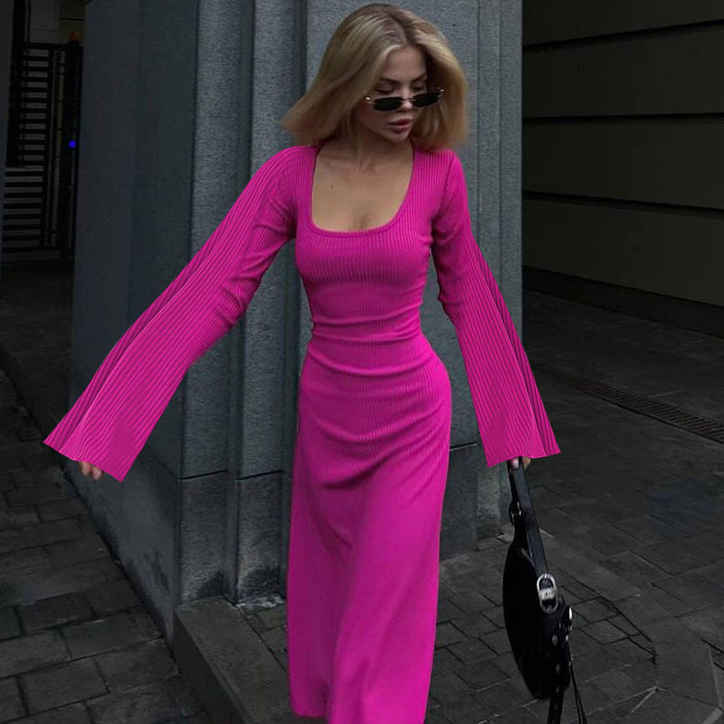 Loose U-Neck Back Tie Detail Long Sleeve Dress