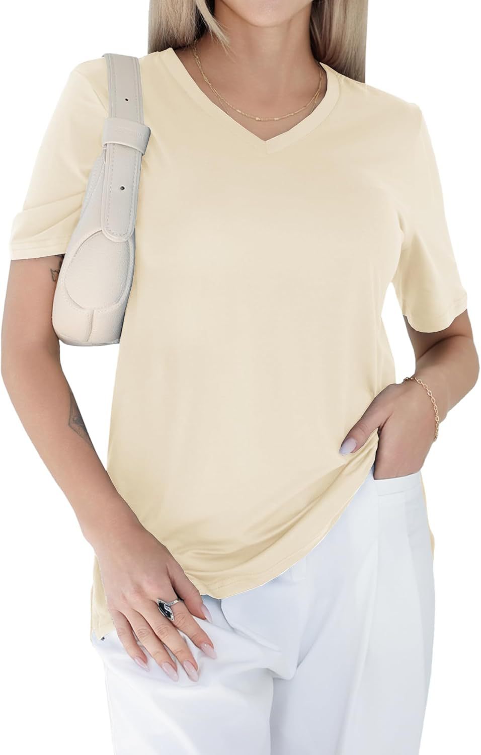 V-neck loose, straight-shoulder short-sleeved T-shirt