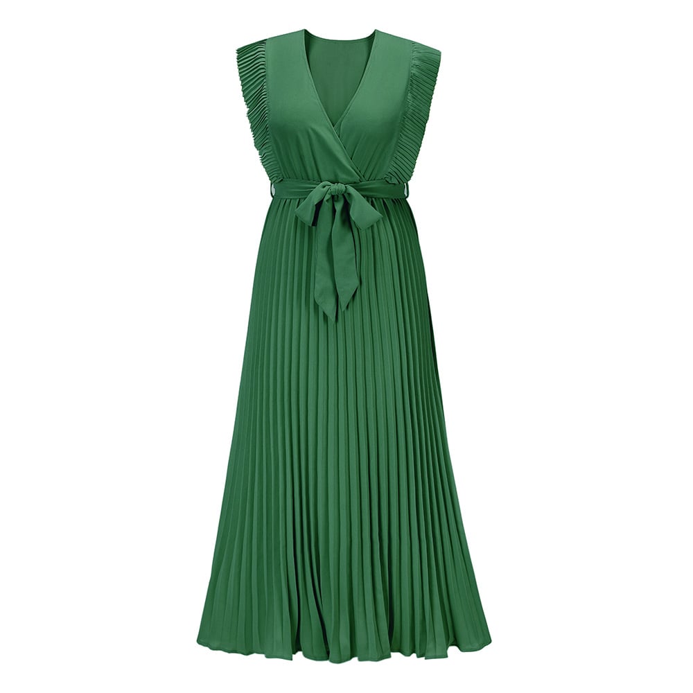 Elegant Beach Long Dress Fashion Slim Fit Sexy Lotus Sleeve Chiffon Pleated Dress Solid Color Dress
