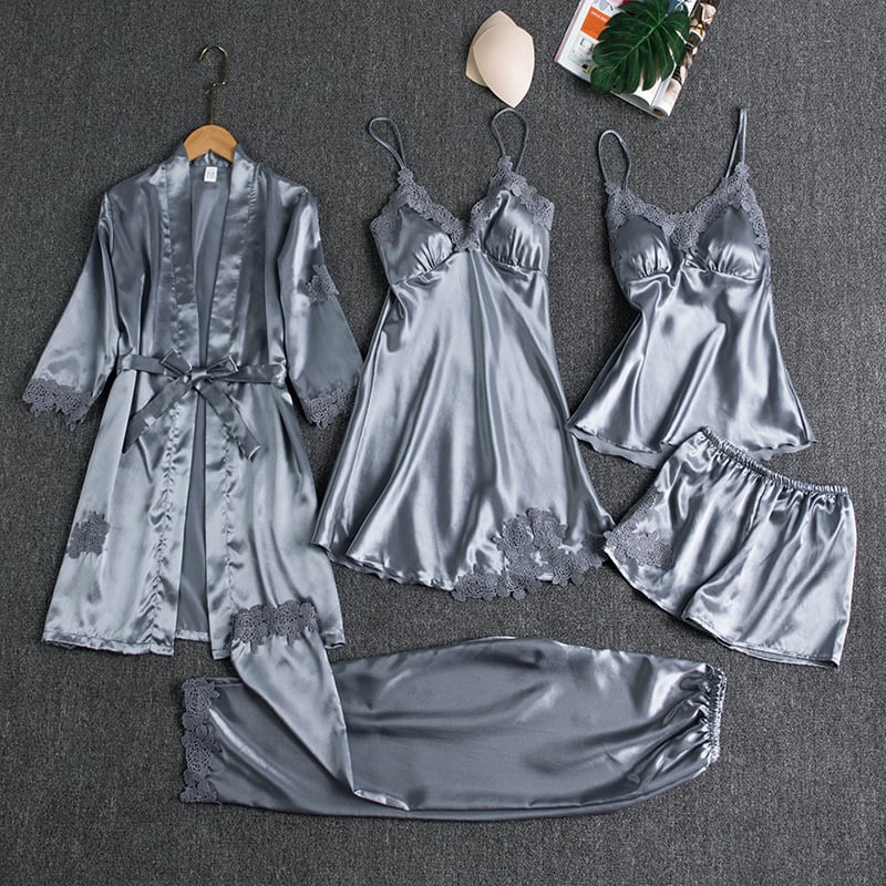 Women's Ice Silk Pajama Set Five-piece Home Clothes
