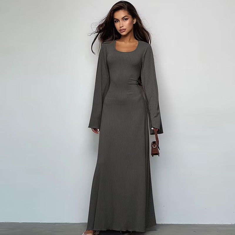 Loose U-Neck Back Tie Detail Long Sleeve Dress