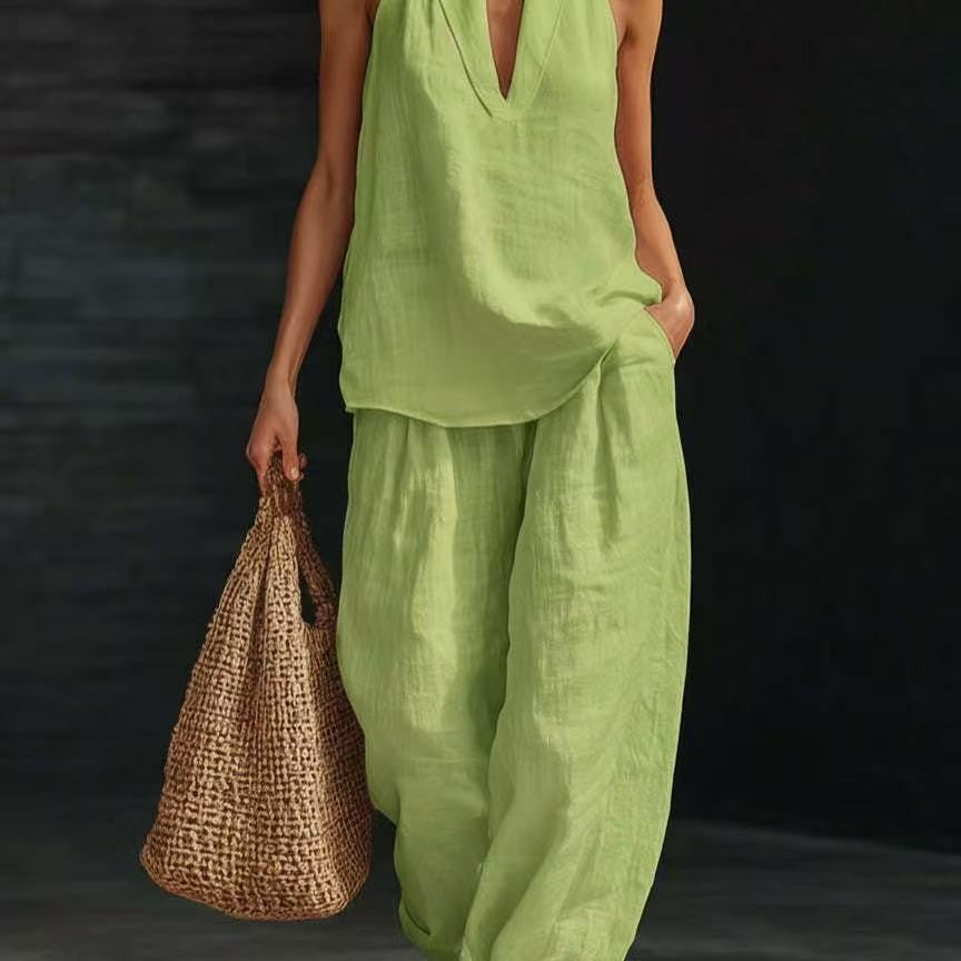 Womens Halter Neck Sleeveless Casual Two-Piece Set