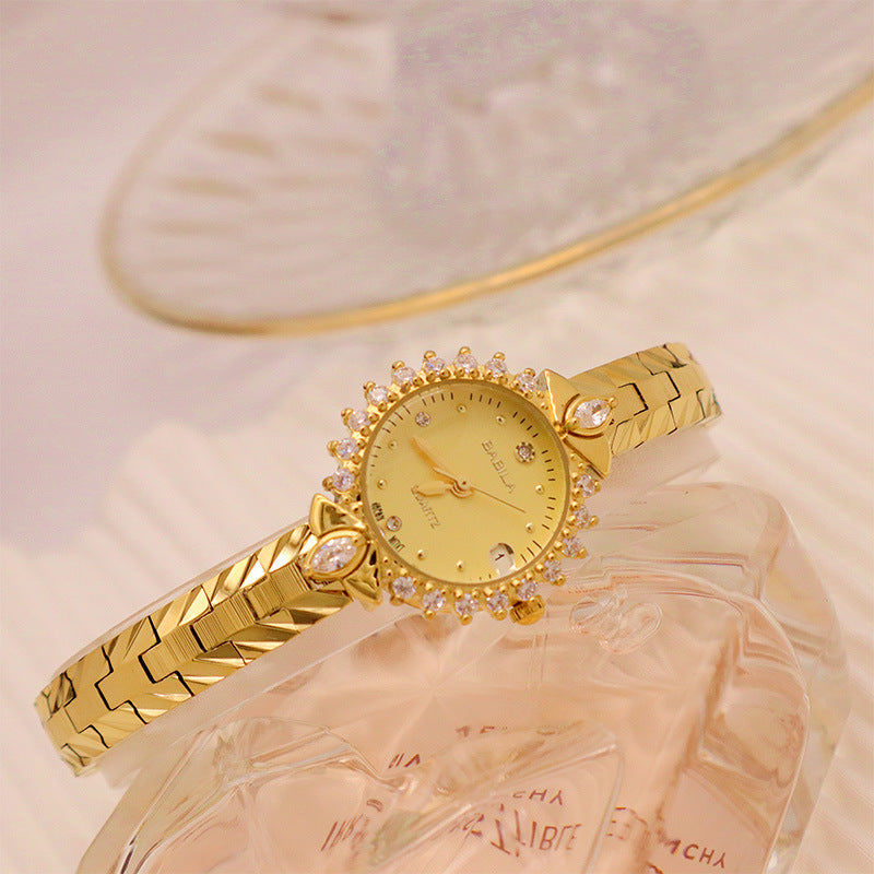 Diamond-encrusted relief bracelet, elegant quartz small gold watch