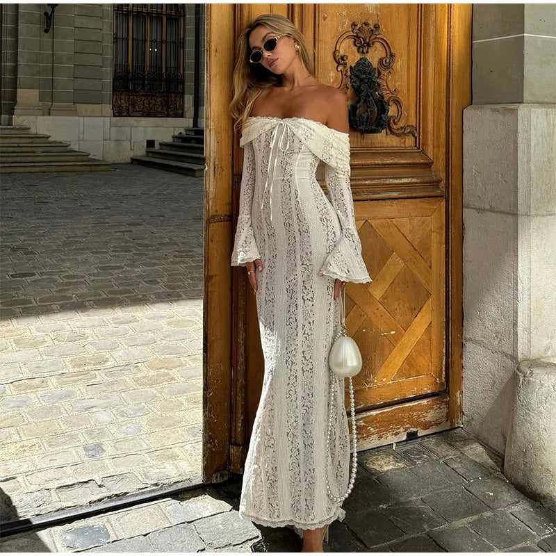 Fashionable and sexy one-shoulder cinched waist lace long dress