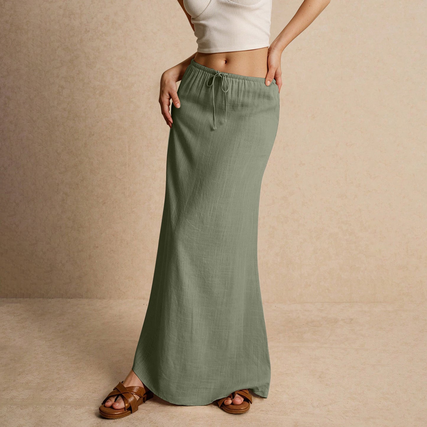 Women's solid-color drawstring elastic waist mid-length skirt
