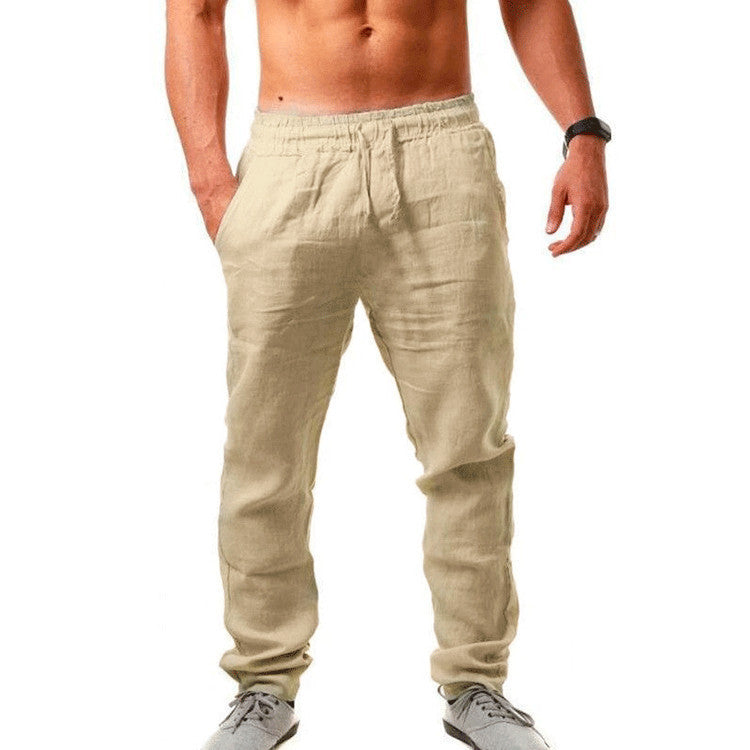 Mens Breathable Cotton Linen Casual Trousers