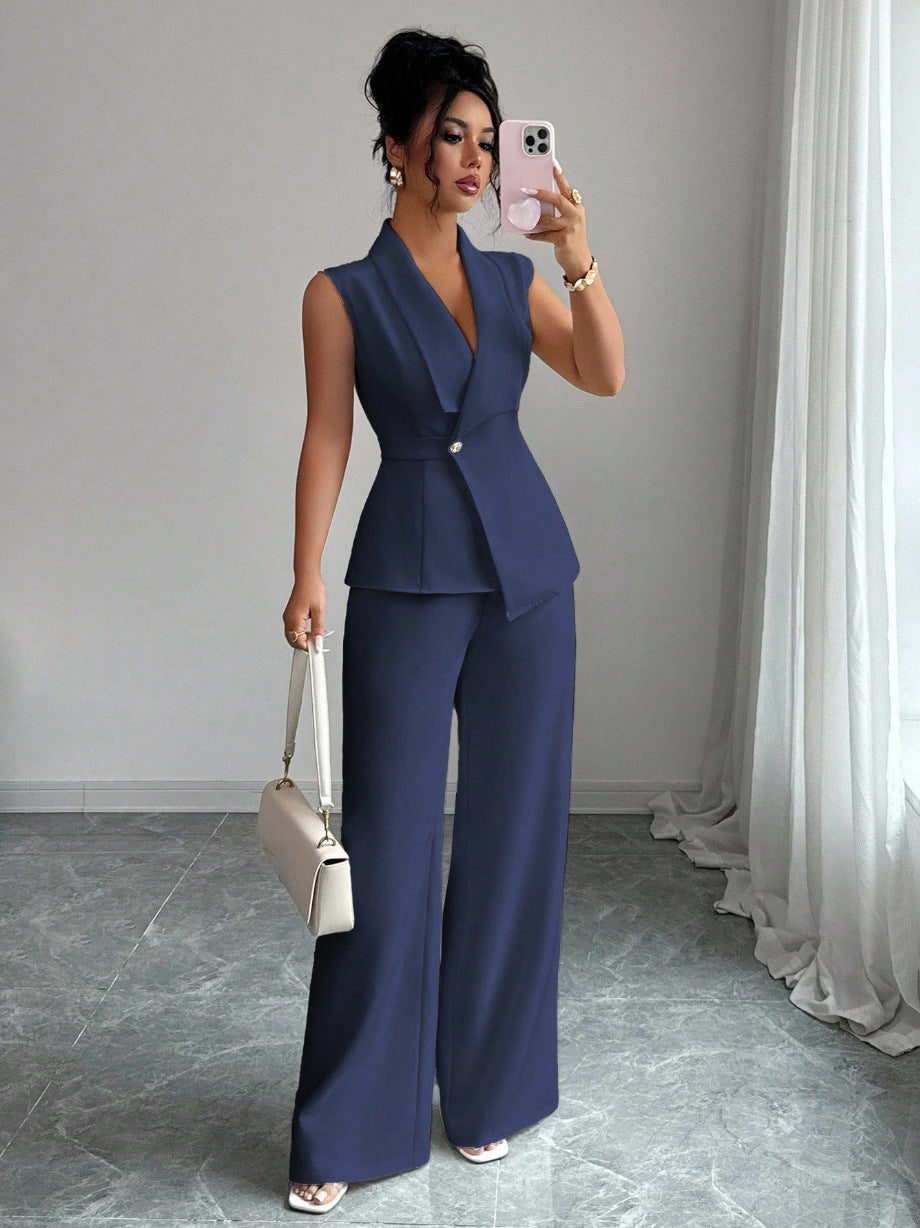 Women Sleeveless Suit and Straight Pants Two Piece Set
