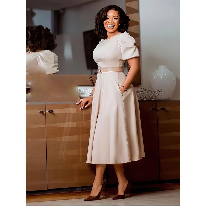 Puff Sleeve A-Line Dress with Matching Belt