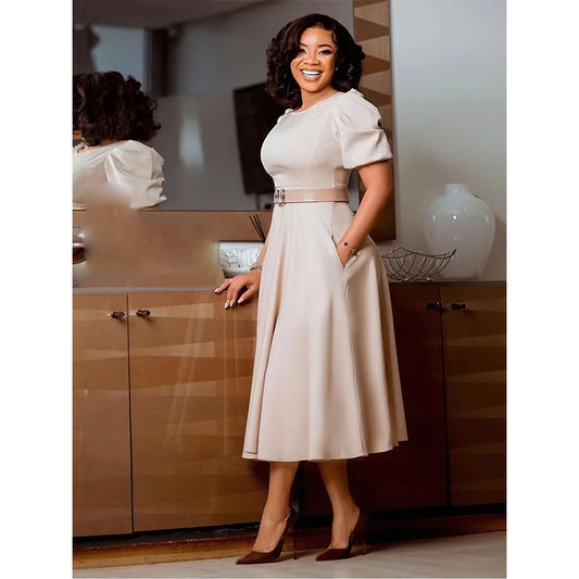 Puff Sleeve A-Line Dress with Matching Belt