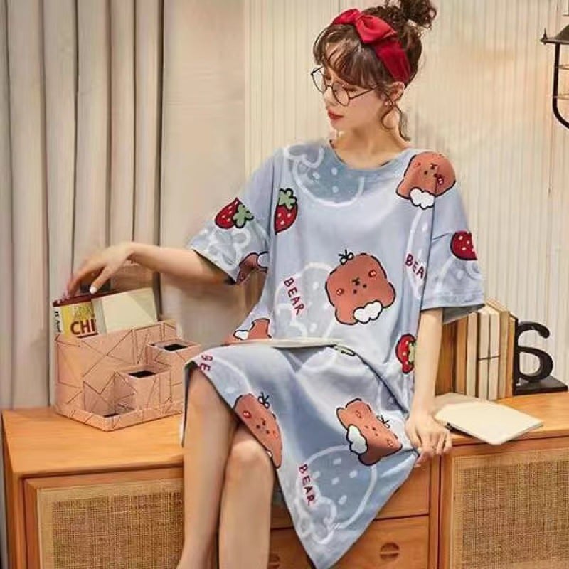 Women's Summer Cartoon Short Sleeve Pajama Dress - Loose Comfortable Home Wear