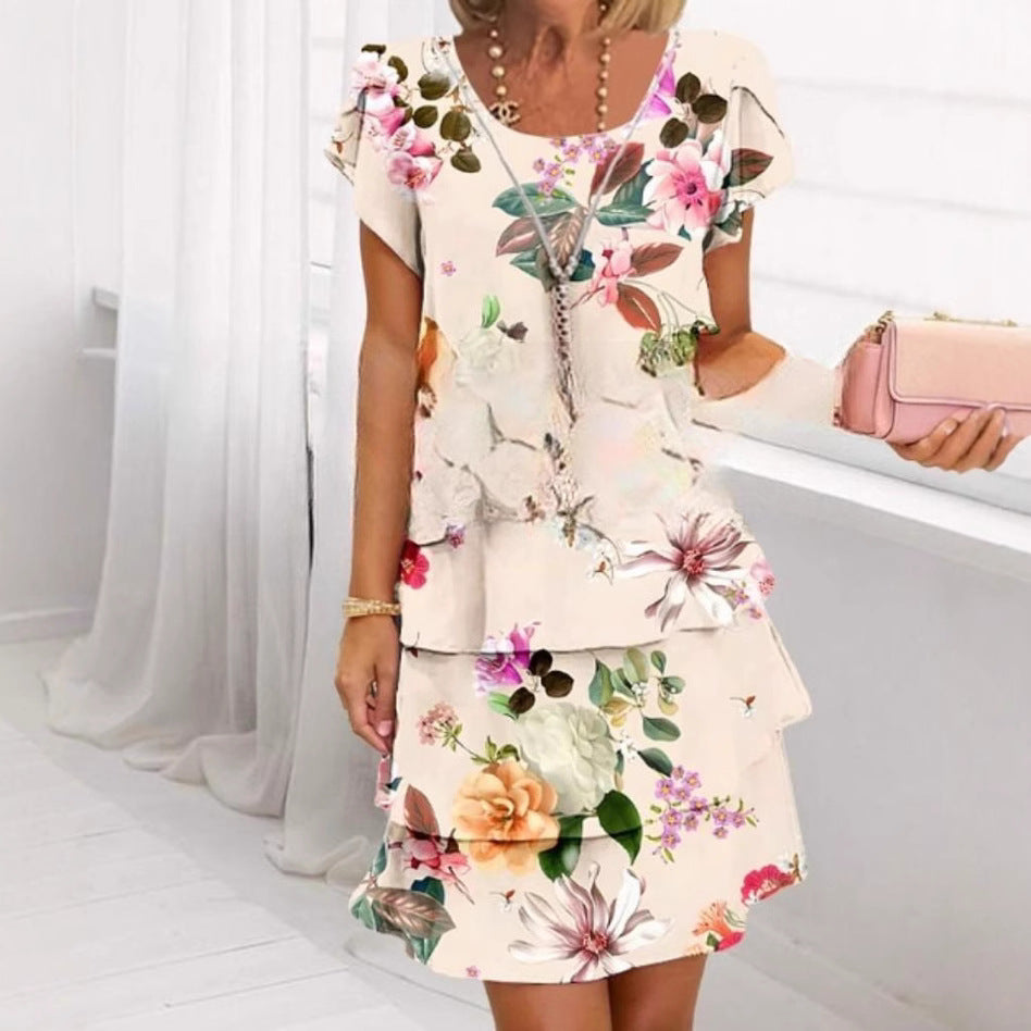 Short Sleeve 3D Printed Chiffon Dress