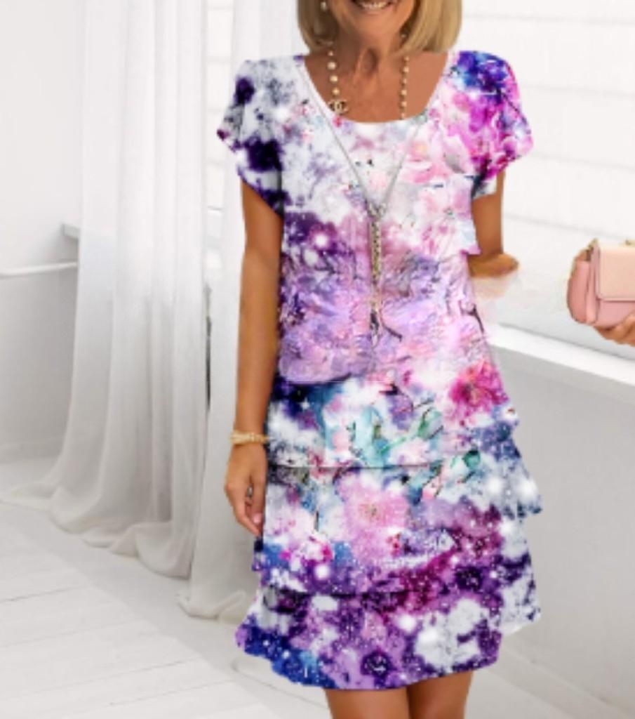 Short Sleeve 3D Printed Chiffon Dress