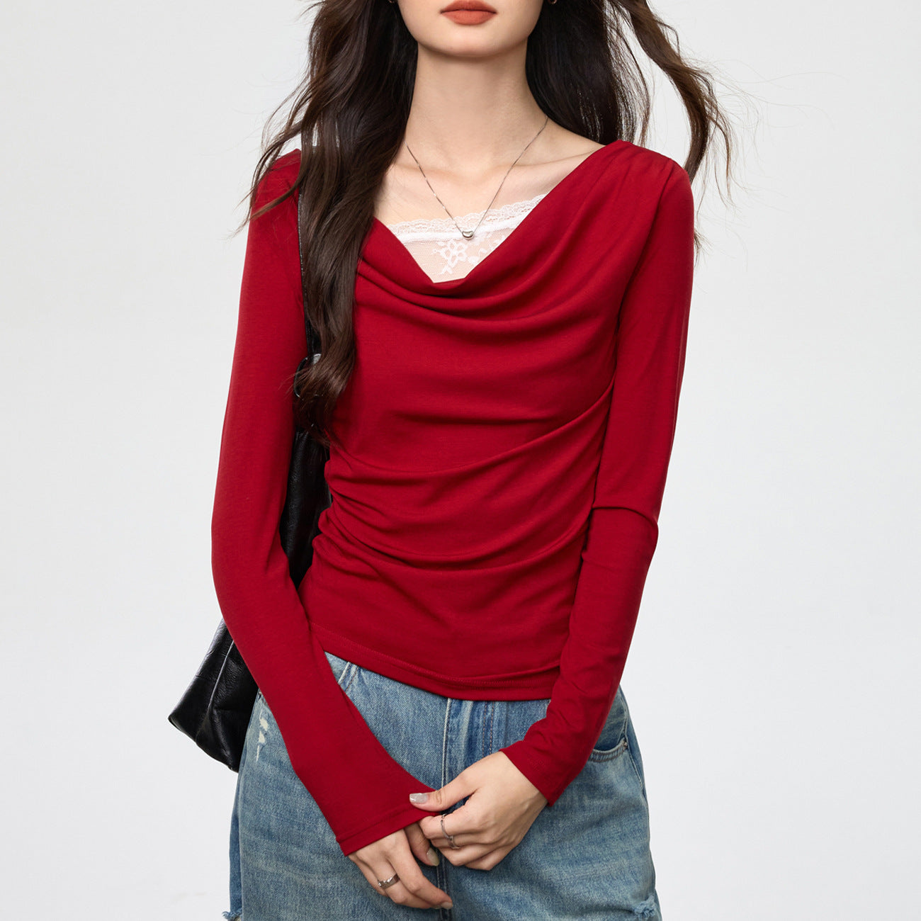 Swing collar stitching fake two-piece long sleeve