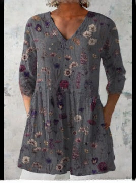 Women's Loose Digital Print V-Neck 3/4 Sleeve Tunic Top