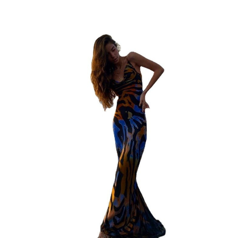 Printed backless halter-neck dress