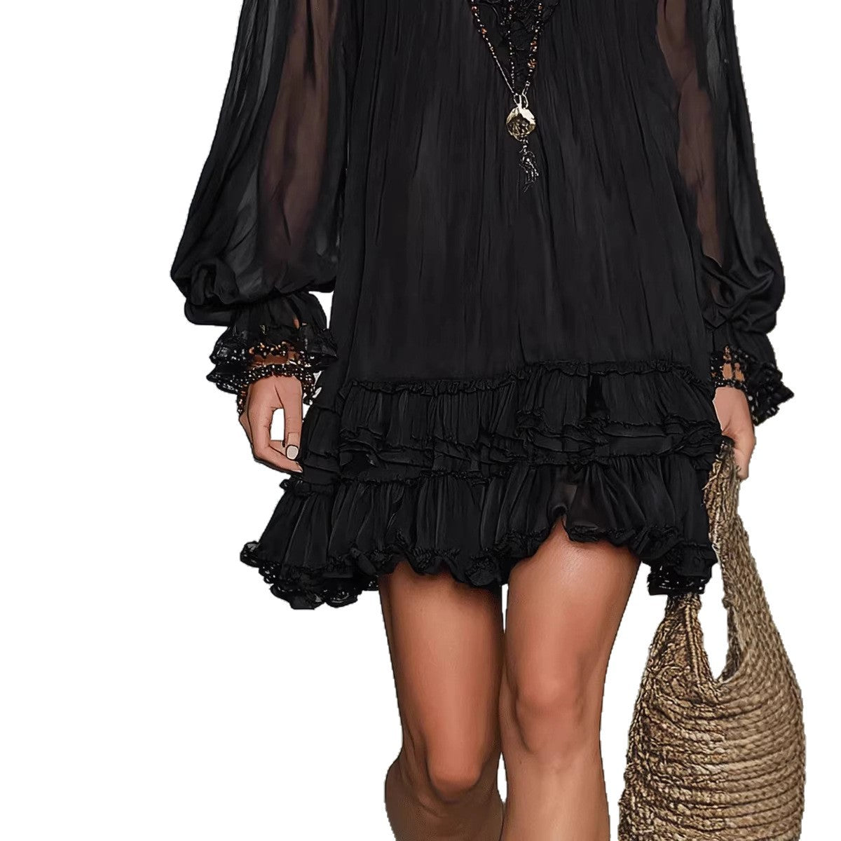 Spring New V-Neck Waist-Cinching Ruffle Elegant Dress
