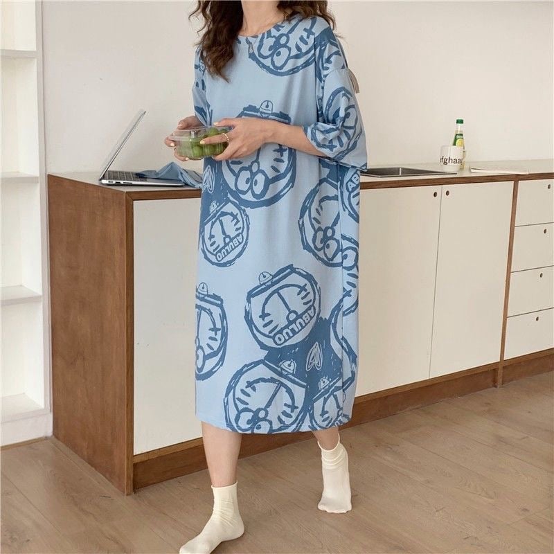 Women's Summer Cartoon Short Sleeve Pajama Dress - Loose Comfortable Home Wear