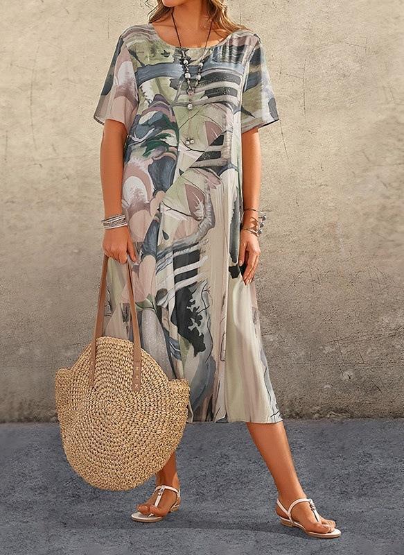 Waist Crewneck Loose Beach Long Dress