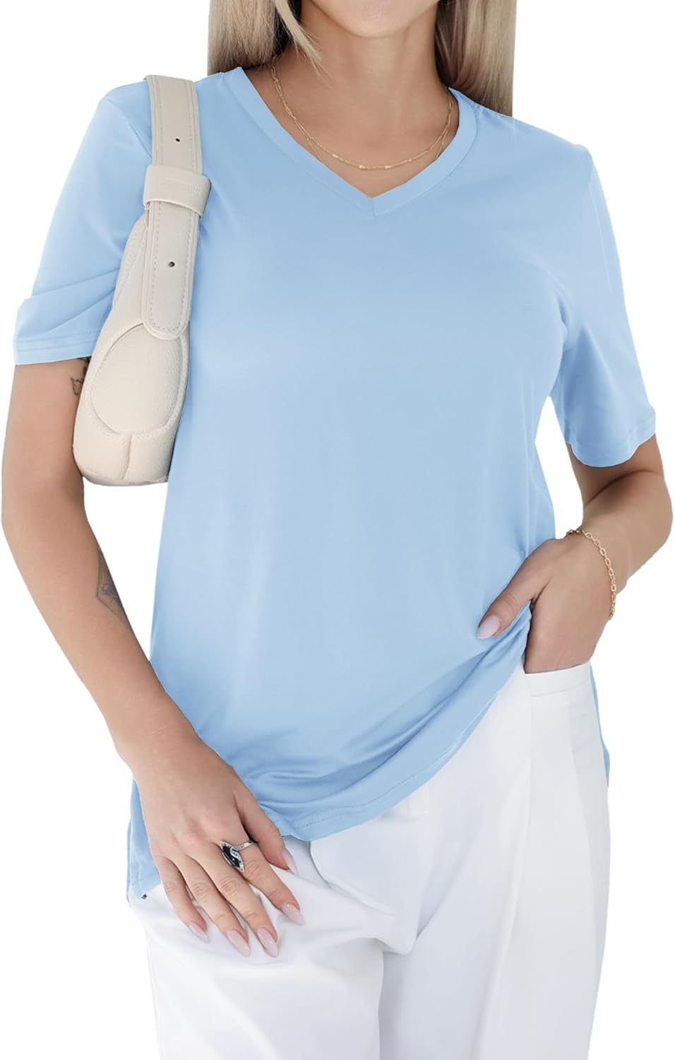 V-neck loose, straight-shoulder short-sleeved T-shirt