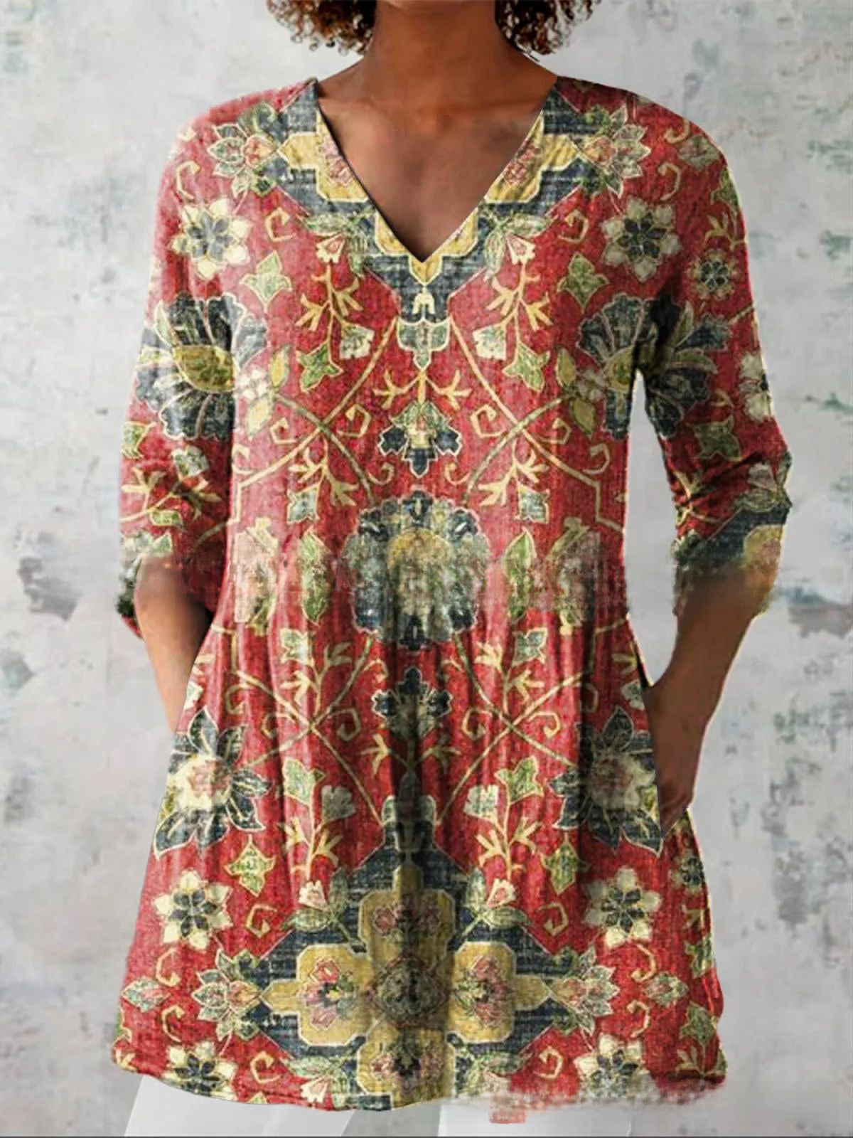 Women's Loose Digital Print V-Neck 3/4 Sleeve Tunic Top
