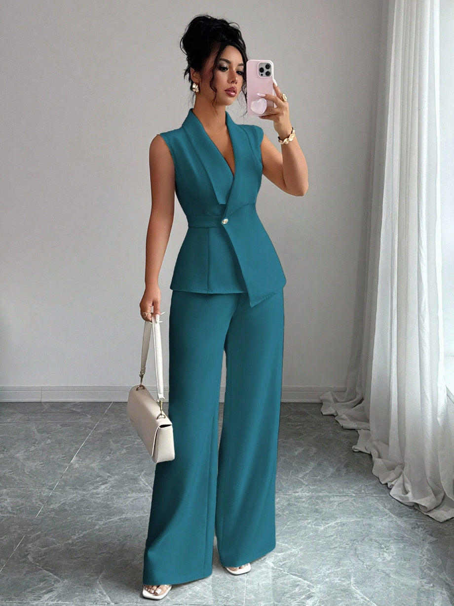 Women Sleeveless Suit and Straight Pants Two Piece Set