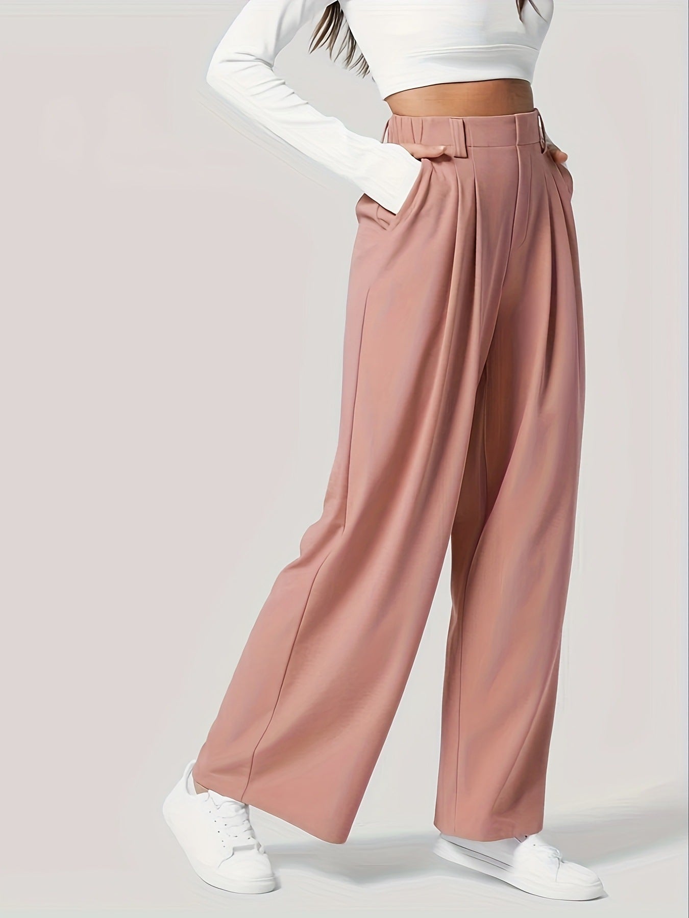 Women's High Waist Wide Leg Pleated Waffle Casual Trousers