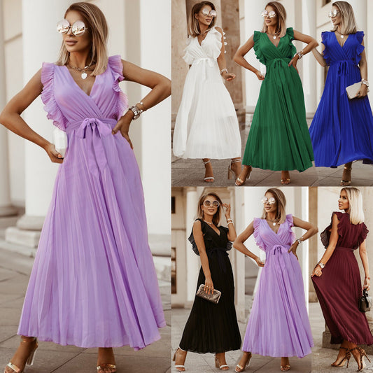 Elegant Beach Long Dress Fashion Slim Fit Sexy Lotus Sleeve Chiffon Pleated Dress Solid Color Dress