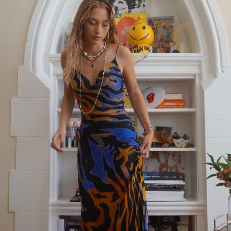 Printed backless halter-neck dress